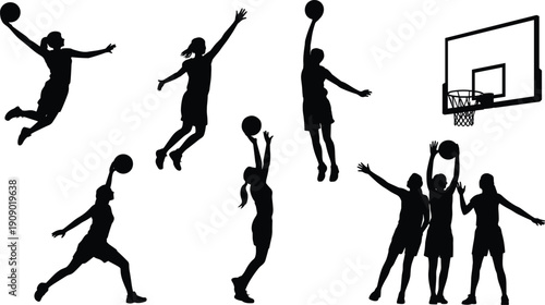 Basketball action silhouette collection, players jumping shooting and dunking poses with hoop, sport athlete outline set isolated on white background design