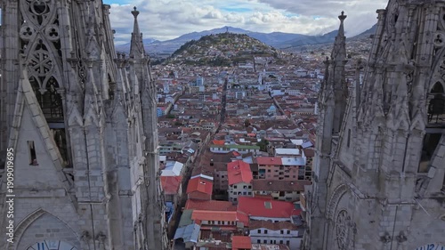 Aerial view of Quito cityscape with Basílica del Voto Nacional towers