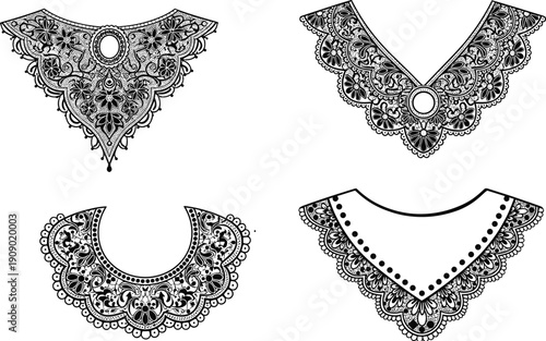 Set of ornate lace collar and neckline embroidery vector designs with floral patterns, vintage decorative elements isolated on white background for fashion and textile design
