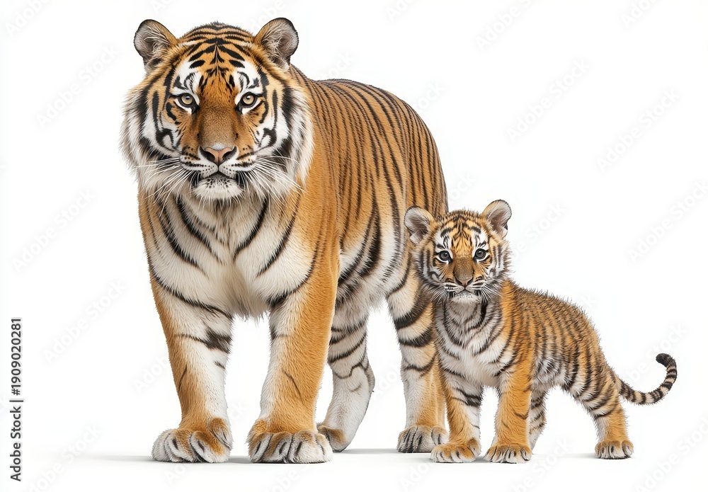 Obraz premium Adult Tiger and Cub Portrait Against White Background