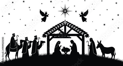 Traditional Christmas Nativity scene silhouette with Holy Family Three Wise Men and angels under the star of Bethlehem isolated on white background for holiday decor (25 words)