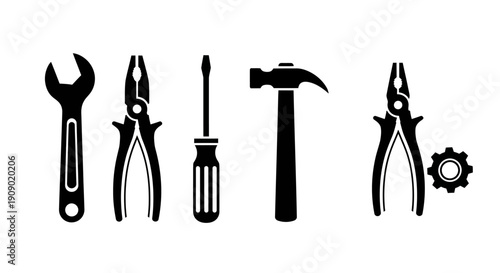 Hand Tools Icons Set: Wrench, Pliers, Screwdriver, Hammer