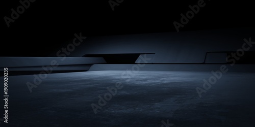 Black abstract futuristic architectural structure illuminated. advertising, showroom, technology, innovation, modern, minimalist, game, alien, spaceship, mystery. Sci Fi Illustration. Dystopian dark