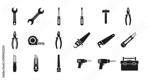 Hand Tools Vector Icons Set, Construction Equipment