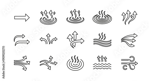 Heat flow direction icons. Hot air stream symbols set.