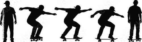 Collection of black male silhouettes featuring various skateboarding poses including riding performing tricks and standing with skateboard isolated on white background for sports vector.