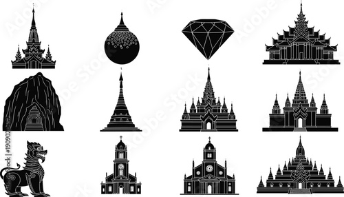 Southeast Asian temple and cultural landmark silhouette illustration set in black and white, traditional architecture icons, sacred symbols, and heritage monument designs isolated on white