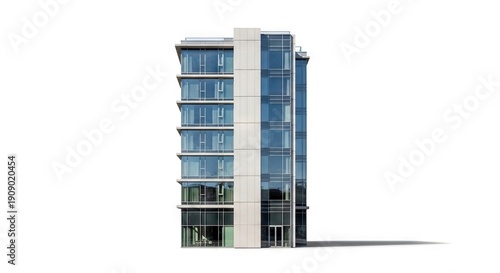A modern building with glass panels and a neutraltoned central column stands against a stark white background