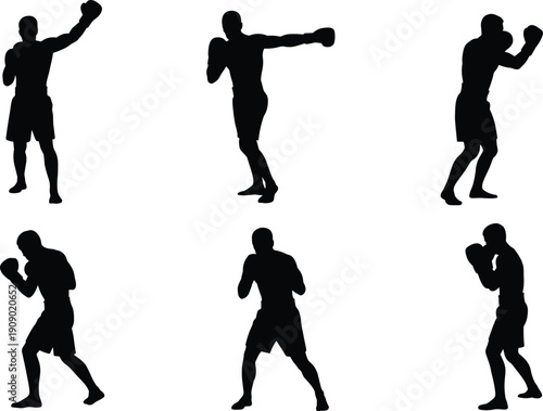 Boxer silhouette set isolated on white background, boxing athlete in fighting stance throwing punches, male sport figure collection for logo and design