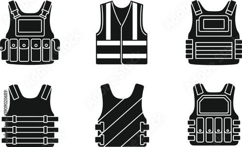 Tactical vest icon set featuring military, police, and security body armor silhouettes, flat black protective gear illustrations for safety, law enforcement, and combat design projects