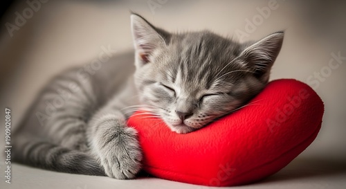 Wallpaper Mural Cozy gray kitten peacefully sleeping on a red heart-shaped pillow. Torontodigital.ca