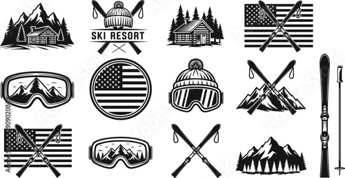 Ski resort and winter mountain icon set with cabins, skis, goggles, beanies, alpine landscapes, and American flag elements, black and white outdoor illustrations