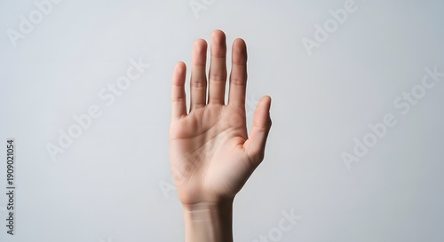 Human hand raised palm facing forward against neutral background