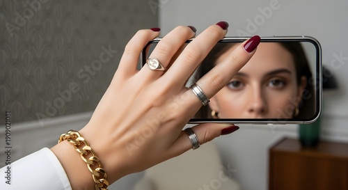 Womans hand holding phone reflecting face jewelry rings and bracelet