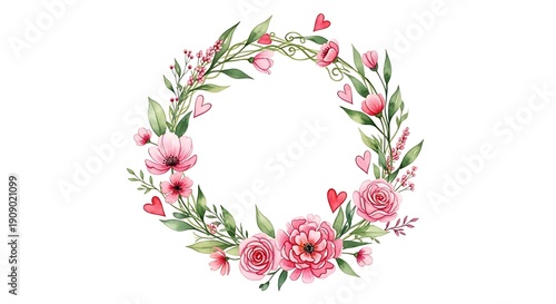 Wallpaper Mural Elegant floral wreath with pink roses and green leaves in a circular arrangement Torontodigital.ca