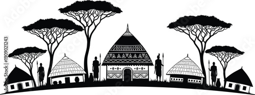 Collection of black silhouettes featuring traditional African village houses and tribal people standing under acacia trees isolated on white background for cultural vector illustration.