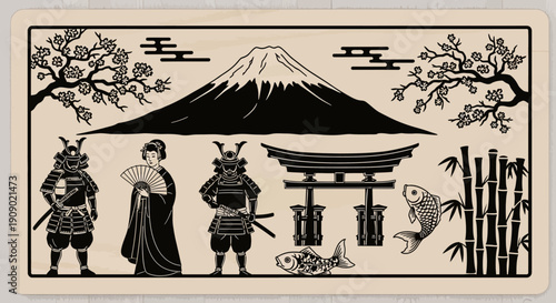 Japanese Culture Icons: Mount Fuji and Samurai Warriors