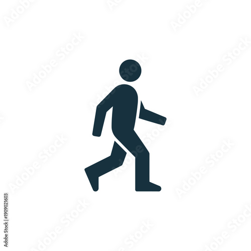 A dark blue icon of a person running quickly to the right