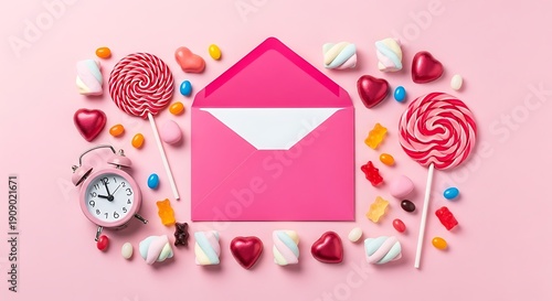 Wallpaper Mural A playful assortment of candies surrounding a pink envelope on a pastel background Torontodigital.ca