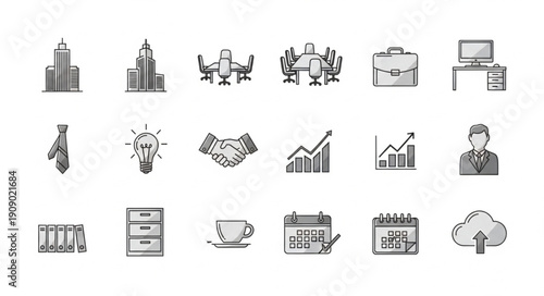 Collection of business and finance icons in a hand-drawn sketch style.