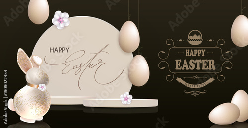 Happy Easter. Festive illustration with Easter eggs, a podium, and a bunny.