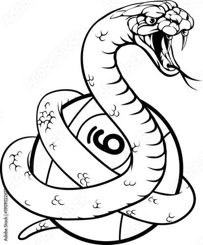Snake nine ball pool billiards sports mascot holding a 9 ball cartoon illustration