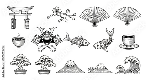 Japanese culture symbols sketch vector illustration set