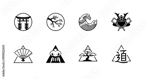 Japanese culture symbols set, vector icons collection
