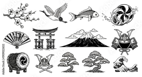 Japanese culture symbols set in sketch style