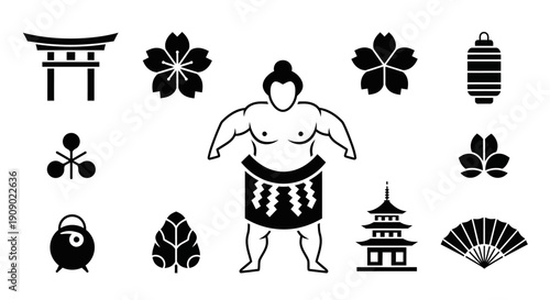 Japanese culture symbols sumo wrestler vector set