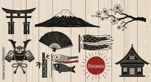 Japanese culture symbols set in black and white