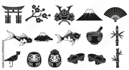 Japanese culture symbols vector set, oriental elements