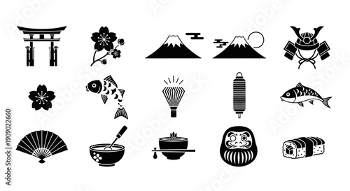 Japanese culture vector icons set, traditional symbols