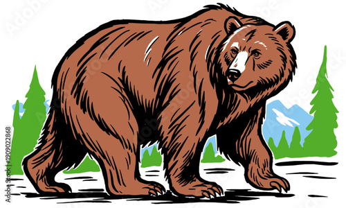 Grizzly bear vintage artwork for t-shirt. Bear artwork for apparel sticker batch poster. Mountain Outdoors t shirt vector design. Wild and free graphi