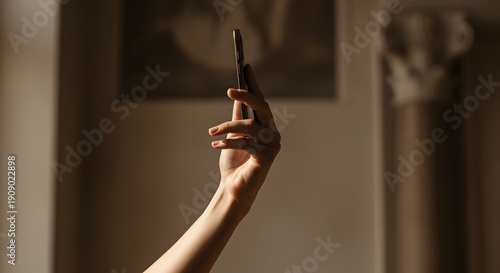 Hand holding smartphone in sunlight indoors concept communication technology