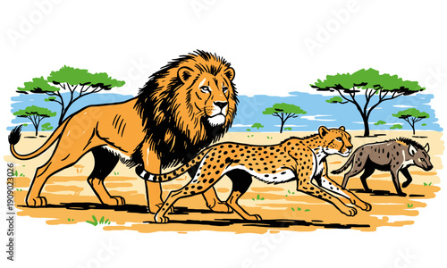 African safari wildlife illustration. Lion cheetah hyena animals design. Retro cartoon graphic print artwork. Wild animals t shirt vector design. King