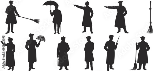 Chimney sweep silhouettes set isolated on white background, vintage worker with broom, umbrella and cane illustration