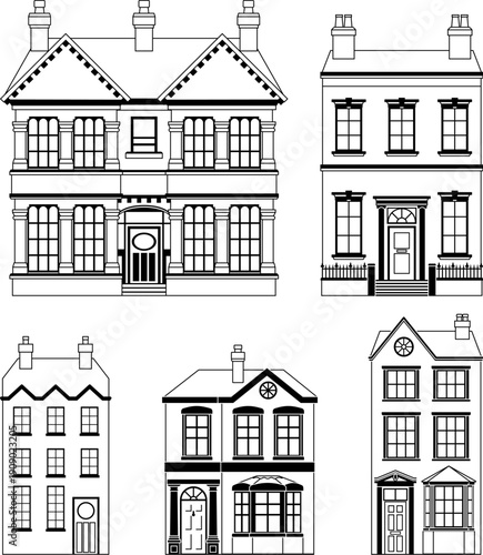 Victorian outline house building set with old English houses and buildings. Georgian mansion and manor style homes set. Vintage British architecture facade illustrations for backgrounds set.