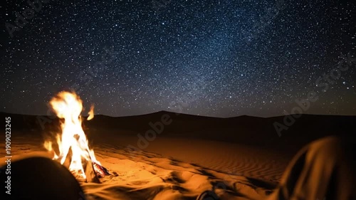 Warm Campfire Under Twinkling Stars in Desert at Night with Dunes