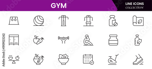 Gym and fitness icon set. It contains healthy lifestyle, weight training, body care, and workout or exercise equipment icons. Vector illustration web line icon collection 