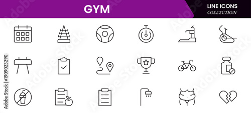 Gym and fitness icon set. It contains healthy lifestyle, weight training, body care, and workout or exercise equipment icons. Vector illustration web line icon collection 