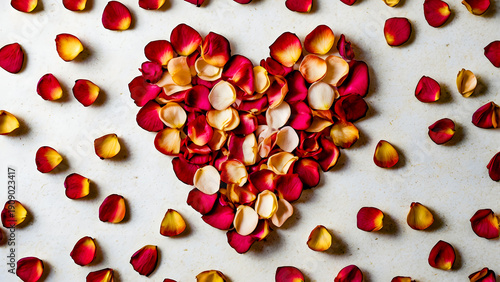 Flat lay of dried rose petals arranged in geometric heart shape symbolizing love romance and emotion ideal for valentine themes wedding designs and romantic visual backgrounds