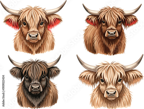 Hand drawn collection of four highland cow head vector illustrations with long horns and shaggy fur isolated on white background for rustic farmhouse designs.
