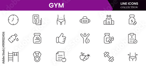 Gym and fitness icon set. It contains healthy lifestyle, weight training, body care, and workout or exercise equipment icons. Vector illustration web line icon collection 