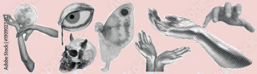 Surreal Grayscale Collage Featuring Moon Sphere, Eye, Tear, Butterfly, Face, Skull, and Hands on Pale Pink Background