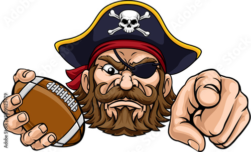 A Pirate man holding American Football ball and pointing sports team cartoon charcater mascot illustration.