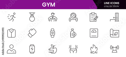 Gym and fitness icon set. It contains healthy lifestyle, weight training, body care, and workout or exercise equipment icons. Vector illustration web line icon collection 