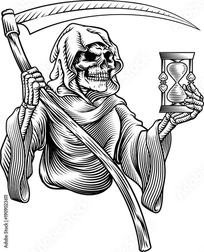 The grim reaper or death holding an hourglass and scythe in a vintage retro woodcut style