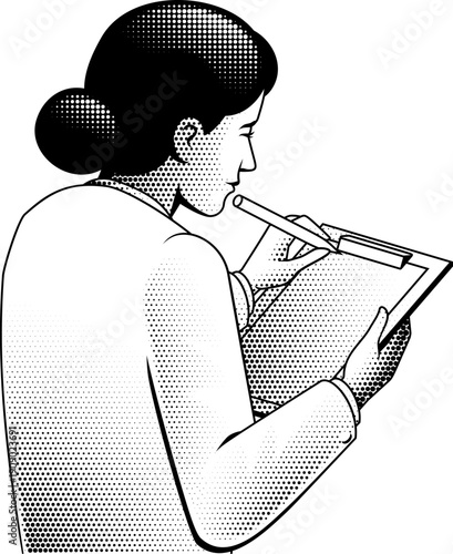 A female scientist medical researcher or doctor woman in white lab coat writing on a clipboard in a vintage retro halftone dots illustration style.