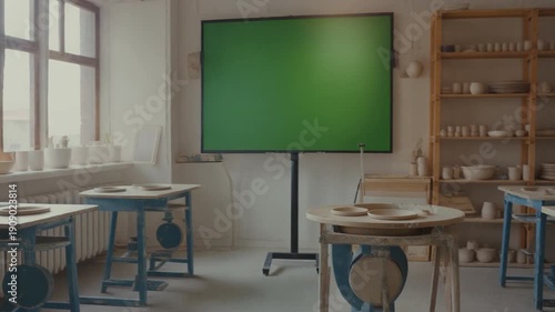 school classroom with green screen